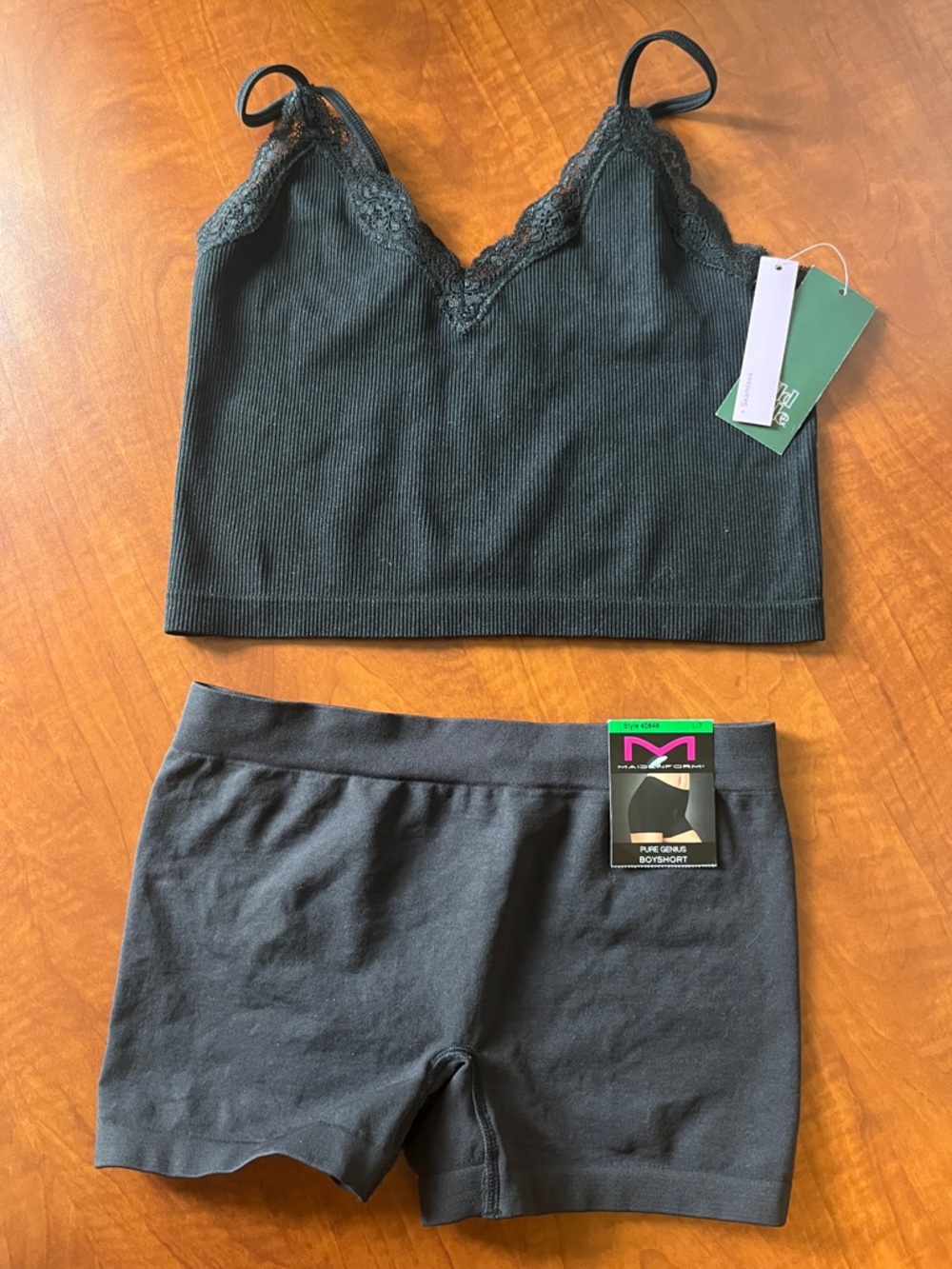 SET Lace Trim Ribbed Brami Cami M & Seamless Boyshort L/7 Black NWT